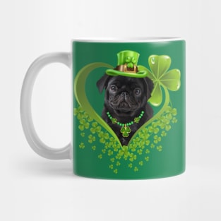 Funny Black Puppy Pug Green Hearts St Patrick's Day Mug